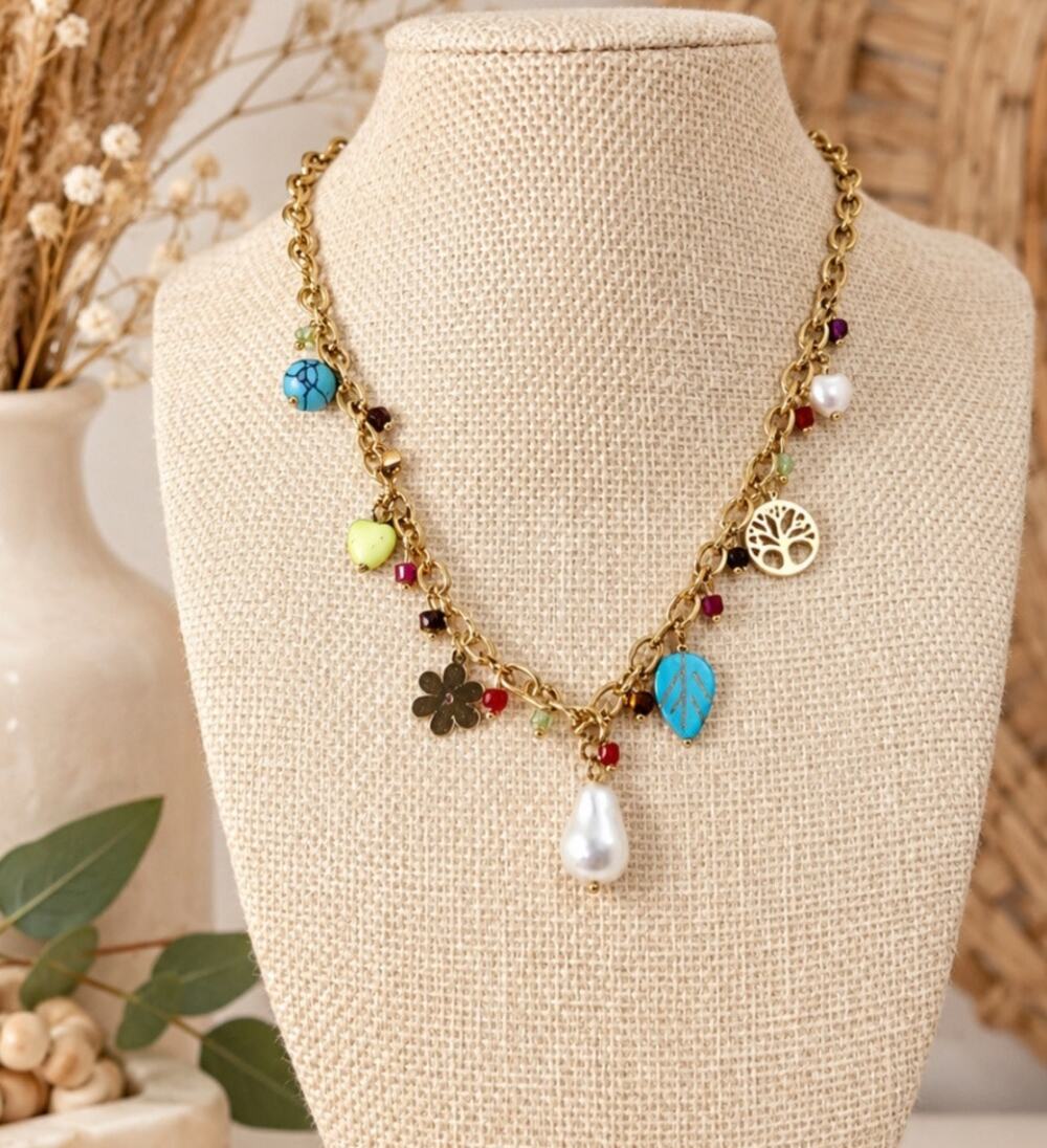 Stainless Gold Charm Stone Necklace New